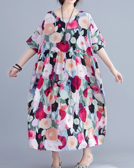 Original Floral Round-Neck Dresses