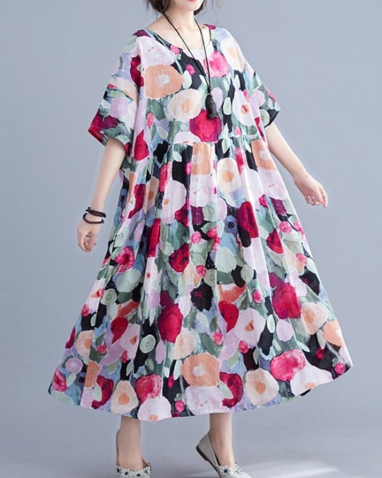 Original Floral Round-Neck Dresses