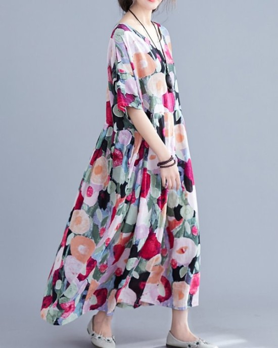 Original Floral Round-Neck Dresses