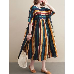 Original Cotton Blend Stripe Half Sleeve Maxi Dress