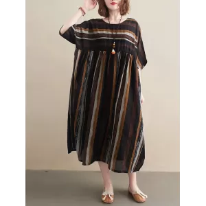 Original Cotton Blend Stripe Half Sleeve Maxi Dress