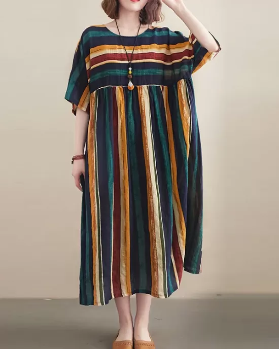 Original Cotton Blend Stripe Half Sleeve Maxi Dress