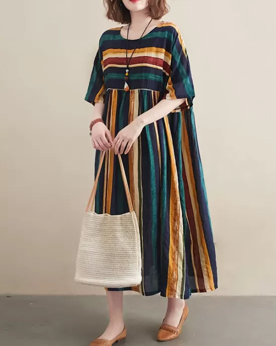 Original Cotton Blend Stripe Half Sleeve Maxi Dress