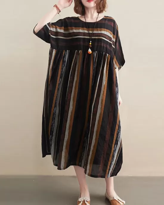 Original Cotton Blend Stripe Half Sleeve Maxi Dress