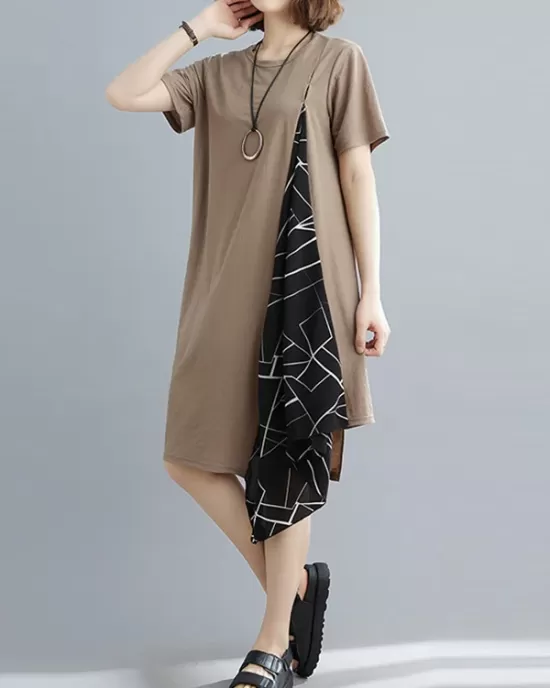 Artistic Irregular Printed Split-Joint Loose Short Sleeve Dress