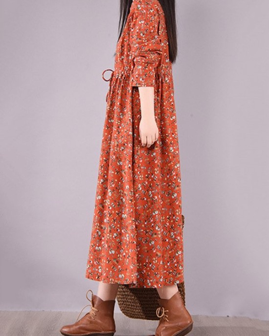 Original Lapel Frenum Floral Printed Midi Dress