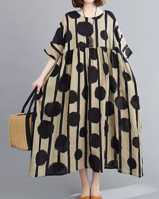 Original Polka-Dot Split-Joint Round-Neck Midi Dress