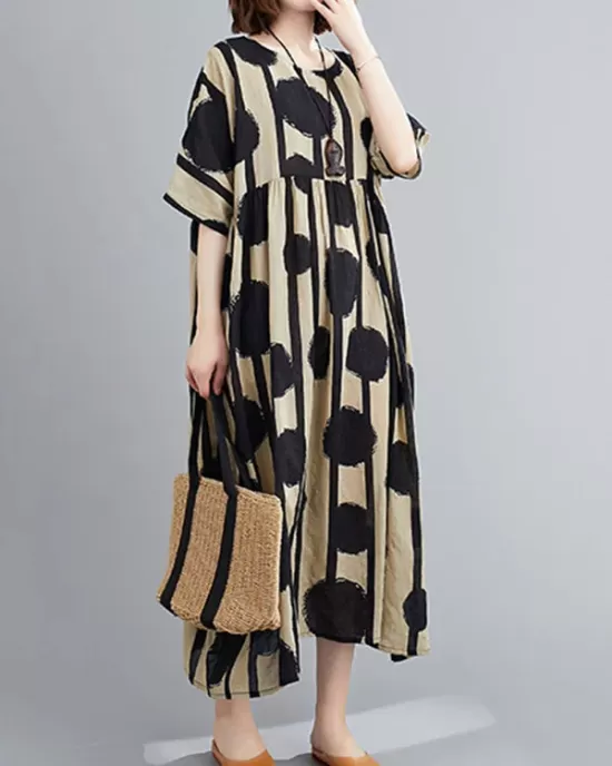 Original Polka-Dot Split-Joint Round-Neck Midi Dress