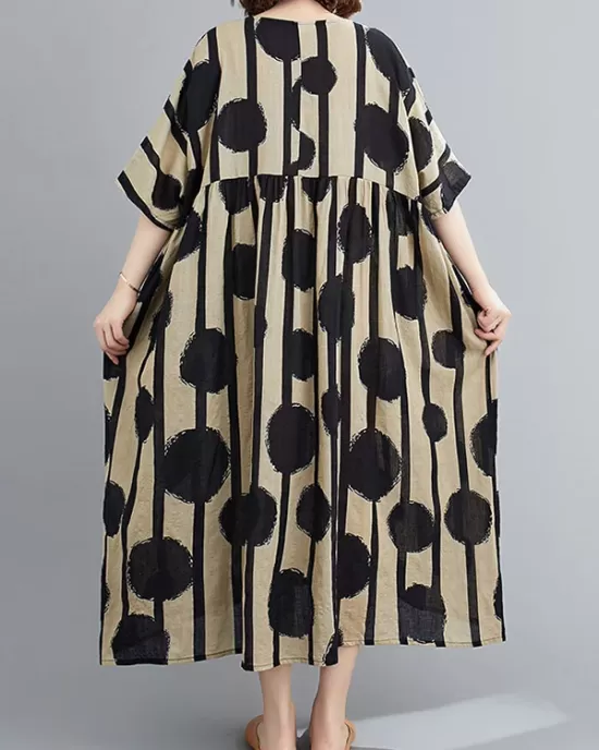 Original Polka-Dot Split-Joint Round-Neck Midi Dress