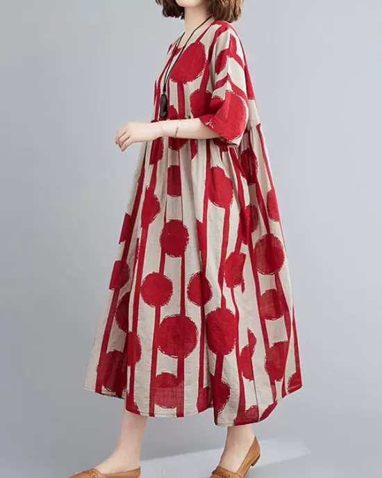 Original Polka-Dot Split-Joint Round-Neck Midi Dress