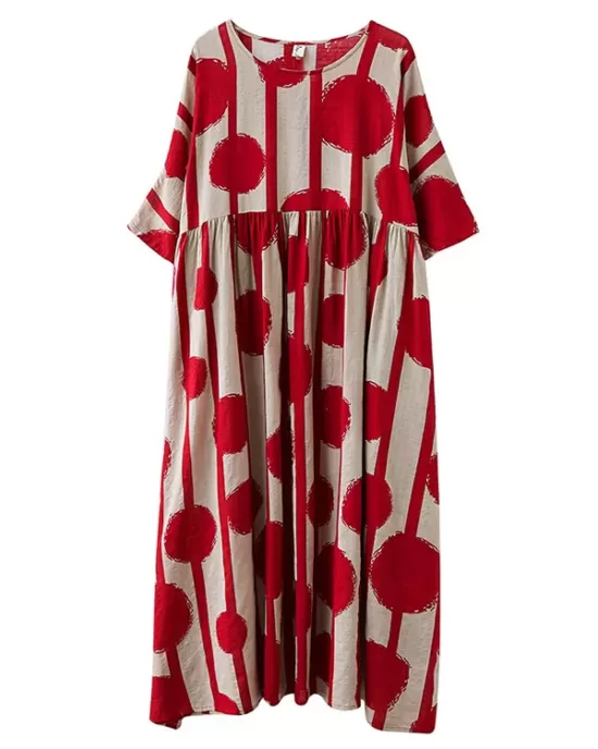 Original Polka-Dot Split-Joint Round-Neck Midi Dress