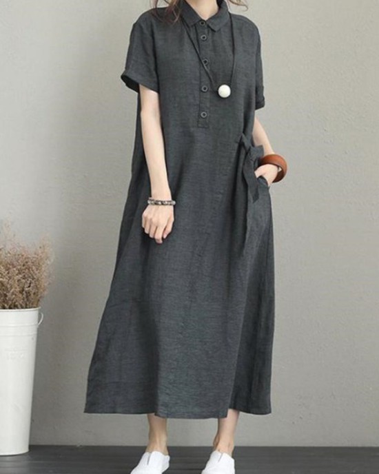 Original Cotton-Blend Lapel Solid Color Dress