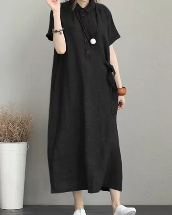 Original Cotton-Blend Lapel Solid Color Dress