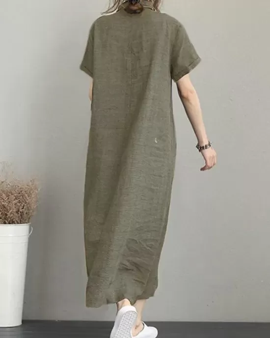 Original Cotton-Blend Lapel Solid Color Dress