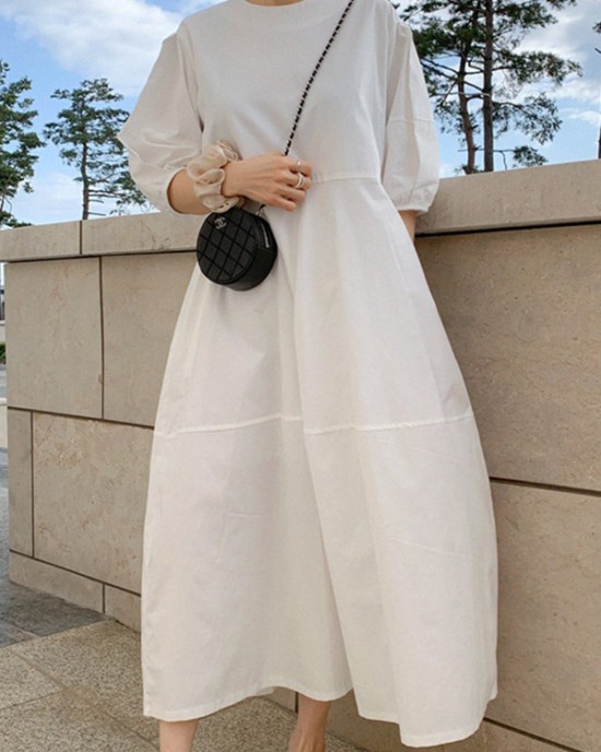 Casual Round-Neck Bishop Sleeve Loose Solid Color Midi Dress