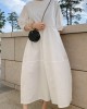 Casual Round-Neck Bishop Sleeve Loose Solid Color Midi Dress