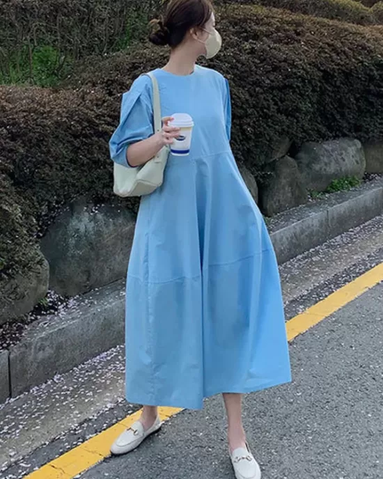 Casual Round-Neck Bishop Sleeve Loose Solid Color Midi Dress