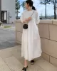 Casual Round-Neck Bishop Sleeve Loose Solid Color Midi Dress