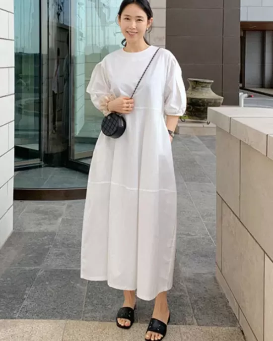 Casual Round-Neck Bishop Sleeve Loose Solid Color Midi Dress