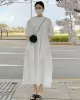 Casual Round-Neck Bishop Sleeve Loose Solid Color Midi Dress