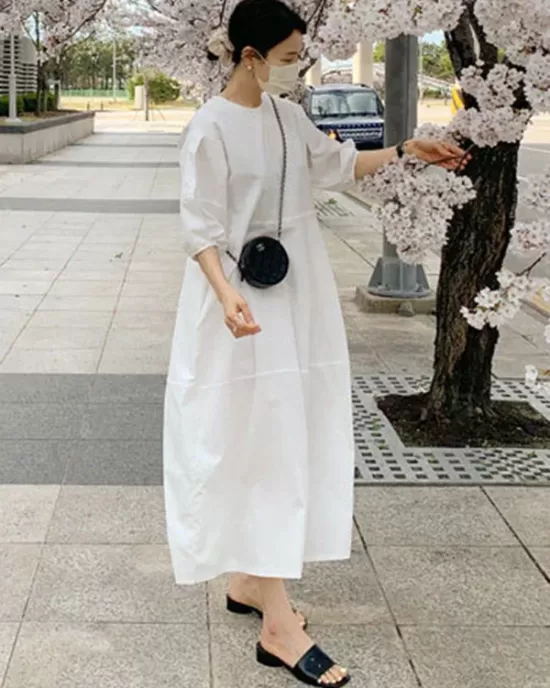 Casual Round-Neck Bishop Sleeve Loose Solid Color Midi Dress