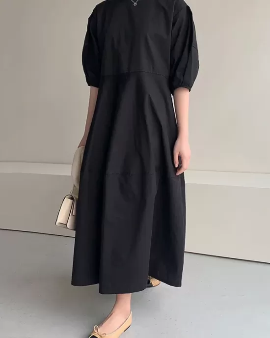 Casual Round-Neck Bishop Sleeve Loose Solid Color Midi Dress