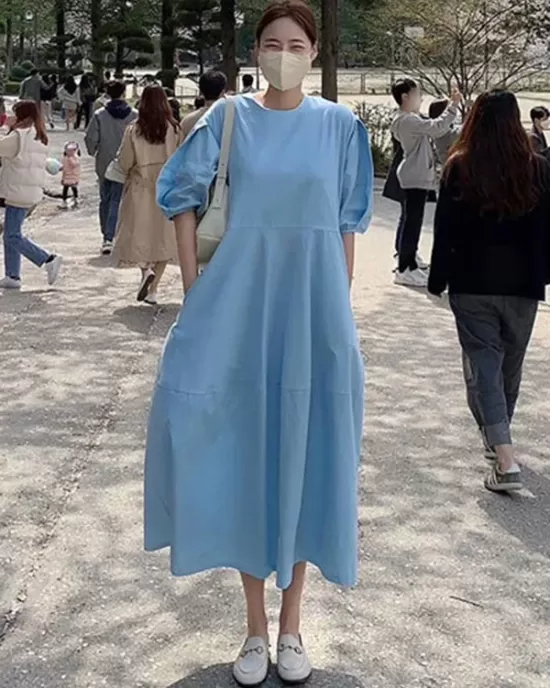 Casual Round-Neck Bishop Sleeve Loose Solid Color Midi Dress