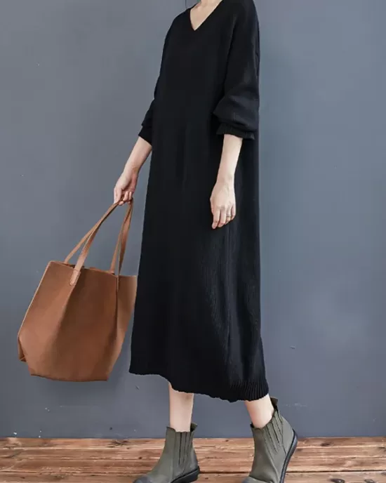 Loose Casual Solid Color V-Neck Long Sleeves Knitted Midi Dress