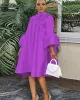 Urban Buttoned Solid Color Stand Collar Flared Sleeve Loose Midi Dress