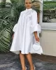 Urban Buttoned Solid Color Stand Collar Flared Sleeve Loose Midi Dress