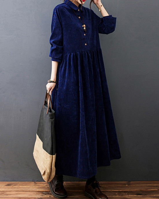 Vintage Split-Joint Solid Color Long Sleeves Lapel A-Line Corduroy Midi Dress