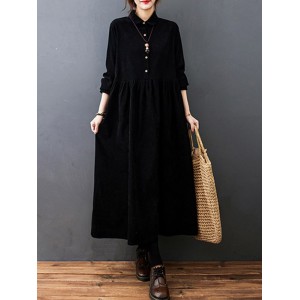 Vintage Split-Joint Solid Color Long Sleeves Lapel A-Line Corduroy Midi Dress