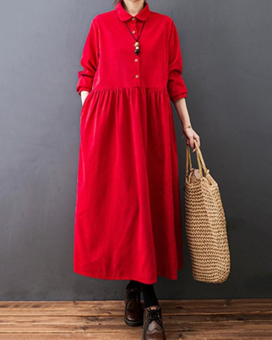 Vintage Split-Joint Solid Color Long Sleeves Lapel A-Line Corduroy Midi Dress