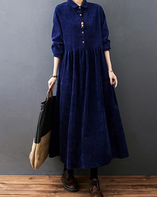 Vintage Split-Joint Solid Color Long Sleeves Lapel A-Line Corduroy Midi Dress