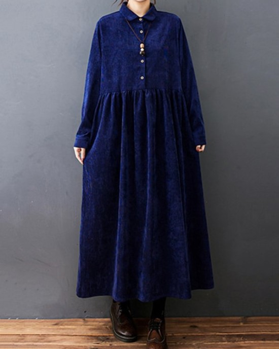 Vintage Split-Joint Solid Color Long Sleeves Lapel A-Line Corduroy Midi Dress