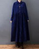 Vintage Split-Joint Solid Color Long Sleeves Lapel A-Line Corduroy Midi Dress