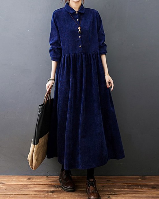 Vintage Split-Joint Solid Color Long Sleeves Lapel A-Line Corduroy Midi Dress