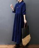 Vintage Split-Joint Solid Color Long Sleeves Lapel A-Line Corduroy Midi Dress