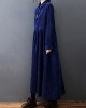 Vintage Split-Joint Solid Color Long Sleeves Lapel A-Line Corduroy Midi Dress