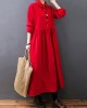 Vintage Split-Joint Solid Color Long Sleeves Lapel A-Line Corduroy Midi Dress