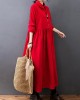 Vintage Split-Joint Solid Color Long Sleeves Lapel A-Line Corduroy Midi Dress