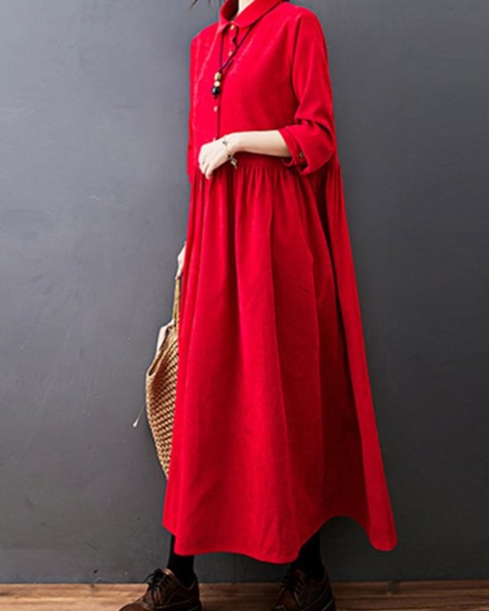 Vintage Split-Joint Solid Color Long Sleeves Lapel A-Line Corduroy Midi Dress