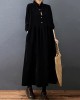 Vintage Split-Joint Solid Color Long Sleeves Lapel A-Line Corduroy Midi Dress