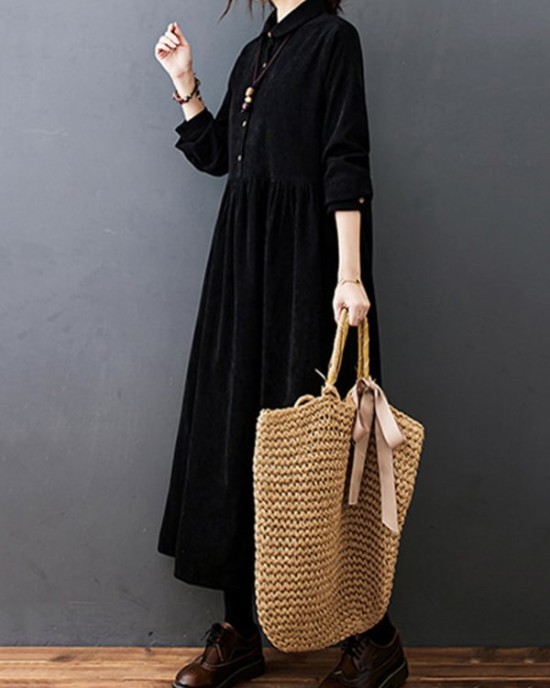 Vintage Split-Joint Solid Color Long Sleeves Lapel A-Line Corduroy Midi Dress