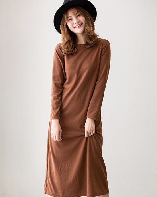 Simple Solid Color Round-Neck A-Line Midi Dress