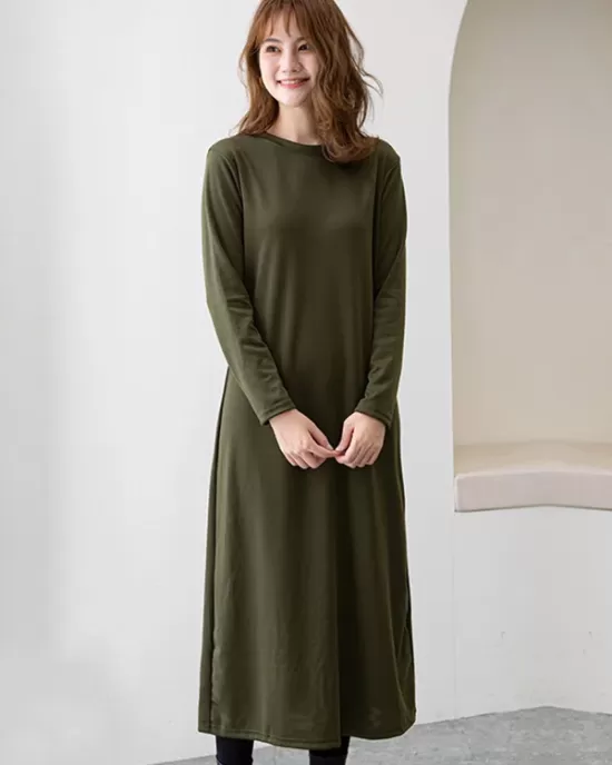 Simple Solid Color Round-Neck A-Line Midi Dress