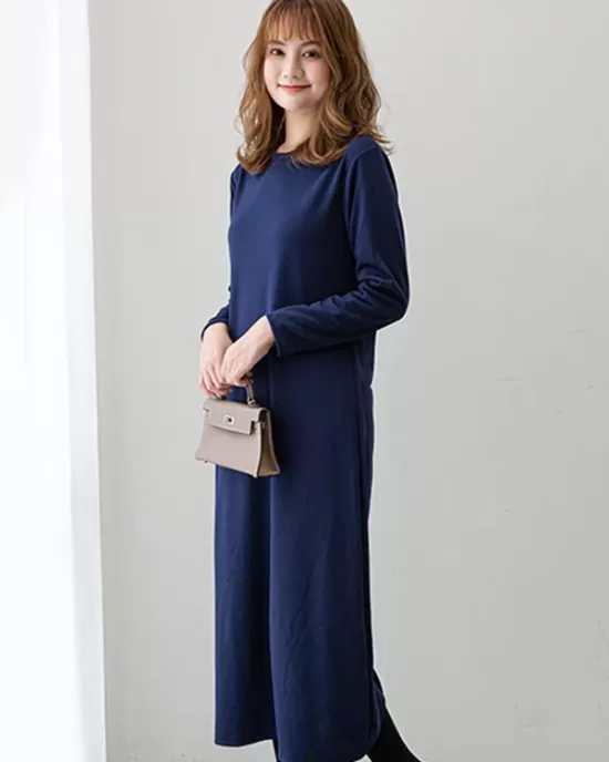 Simple Solid Color Round-Neck A-Line Midi Dress