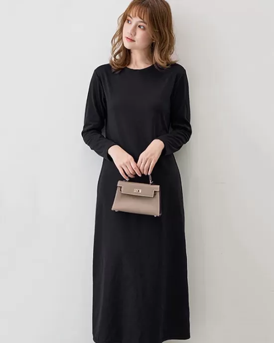 Simple Solid Color Round-Neck A-Line Midi Dress