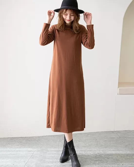 Simple Solid Color Round-Neck A-Line Midi Dress