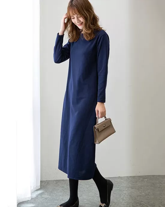 Simple Solid Color Round-Neck A-Line Midi Dress